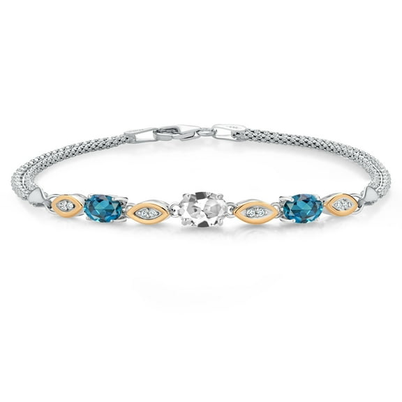 925 Silver and 10K Yellow Gold White Created Sapphire and London Blue Topaz and White Lab Grown Diamond Bracelet for Women (2.26 Cttw, Gemstone September Birthstone, Oval, Wheat Chain, 6.5 inches)