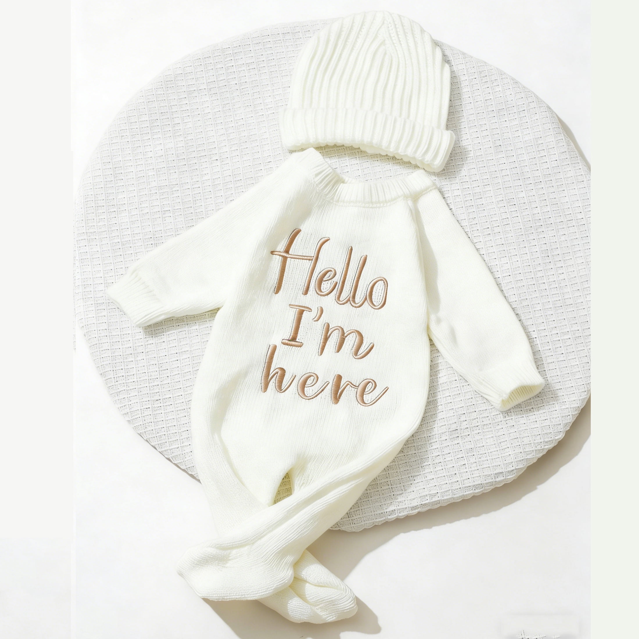 Ylsteed "Hello" Embroidery Knitting Onesie Newborn Birth Announcement Outfits Footed Jumpsuit Baby Boy Girl Photography Props Newborn