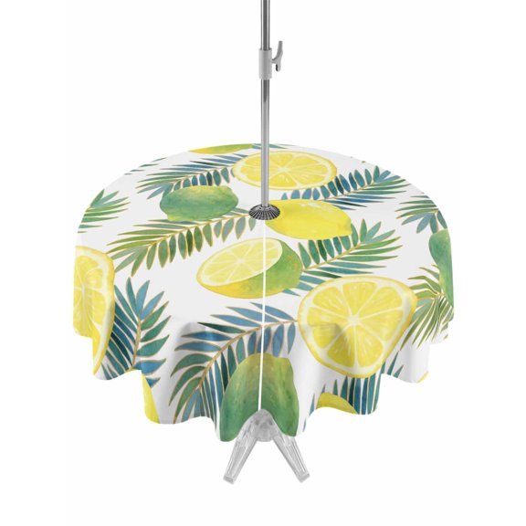 Outdoor Tablecloth with Umbrella Hole for Patio/Picnic/Party/Camping, Summer Lemon Waterproof Table Cloth Round Cover Washable, Green Tropical Botanical Palm Leaves (Dia 54")