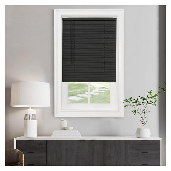 Cordless Light Filtering Mini Blind - 23 Inch Width, 64 Inch Length, 1" Slat Size - Black - Cordless GII Morningstar Horizontal Windows Blinds for Interior by Achim Home Decor