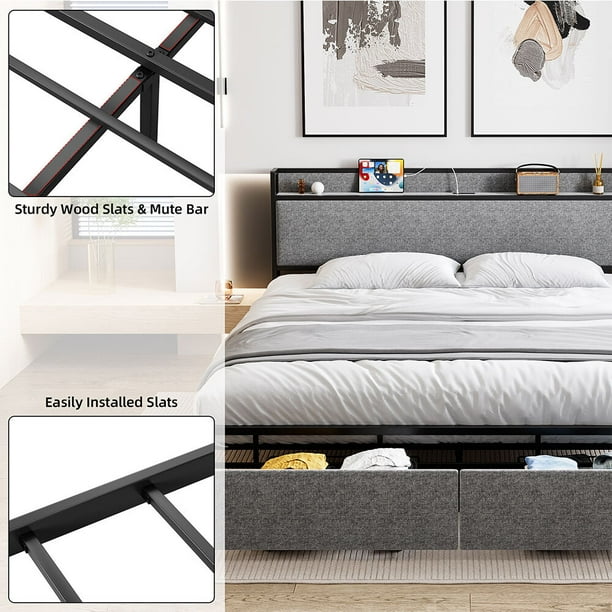 Whizmax King Size Bed Frame, Storage Headboard with Charging Station, Platform Bed Frame with 2 Drawers, No Box Spring Needed, Easy Assembly, Gray Whizmax King Size Bed Frame, Storage Headboard with Charging Station, Platform Bed Frame with 2 Drawers, No Box Spring Needed, Easy Assembly, Gray
