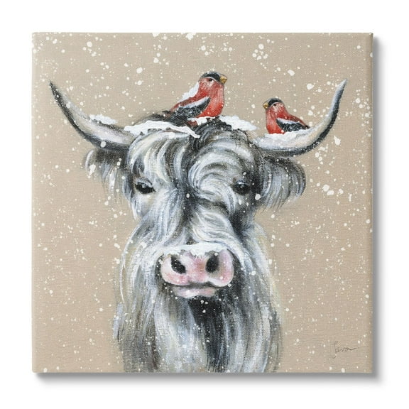 Stupell Industries Snowy Cattle & Birds Farmhouse Holiday Painting Gallery Wrapped Canvas Print Wall Art