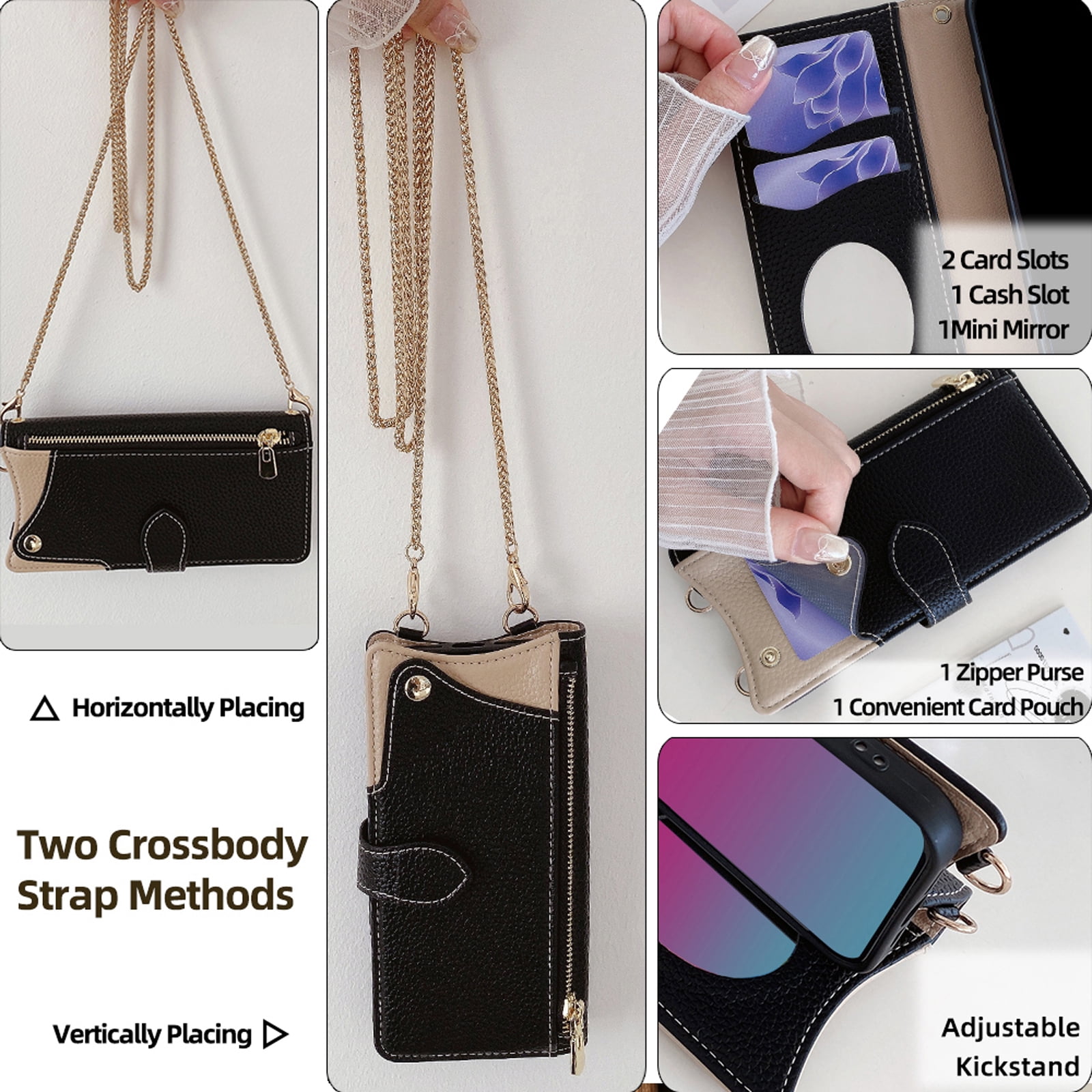 Women Girls Crossbody Strap Flip Wallet Zipper Phone Case Cover for iPhone 17 Pro Max, with Card Holder Kickstand Soft PU Leather Shoulder Chain Make-up Mirror for iPhone 17 Pro Max, Black