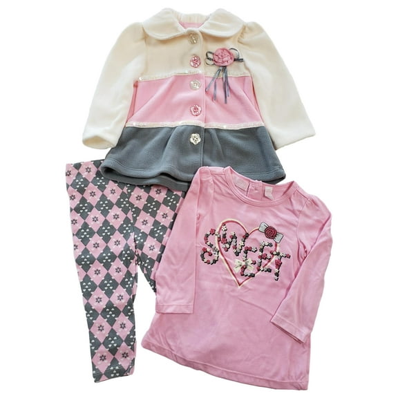 Infant Baby Girl Sweet Glitter Tee Pant & Fleece Coat 3 Pc Outfit Set 12 Months