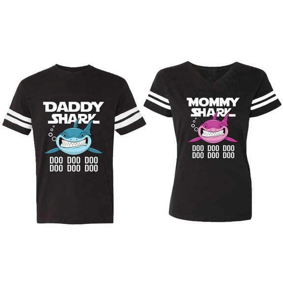 Dady Mama Shark Matching Couple Cotton Jerseys (Men Black / Women Black) (Men S / Women S)