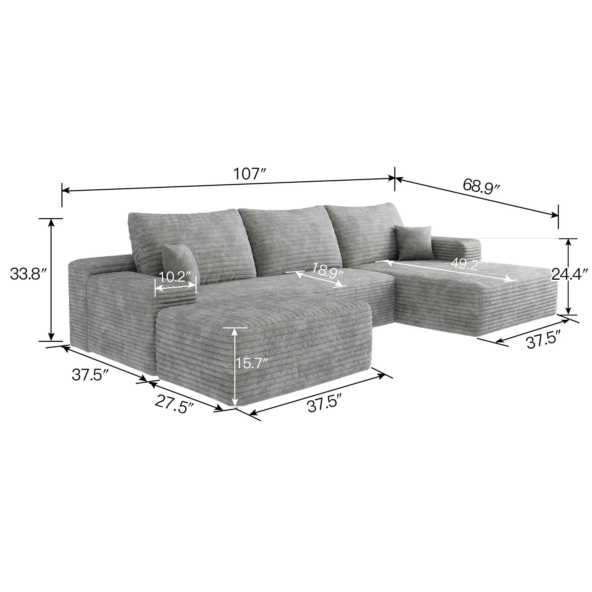 MAYEERTY U-Shaped Modular Cloud Sofa, Plush Corduroy Corner Couch with Ottoman, No Assembly Deep Seat Sofa for Indoor Use