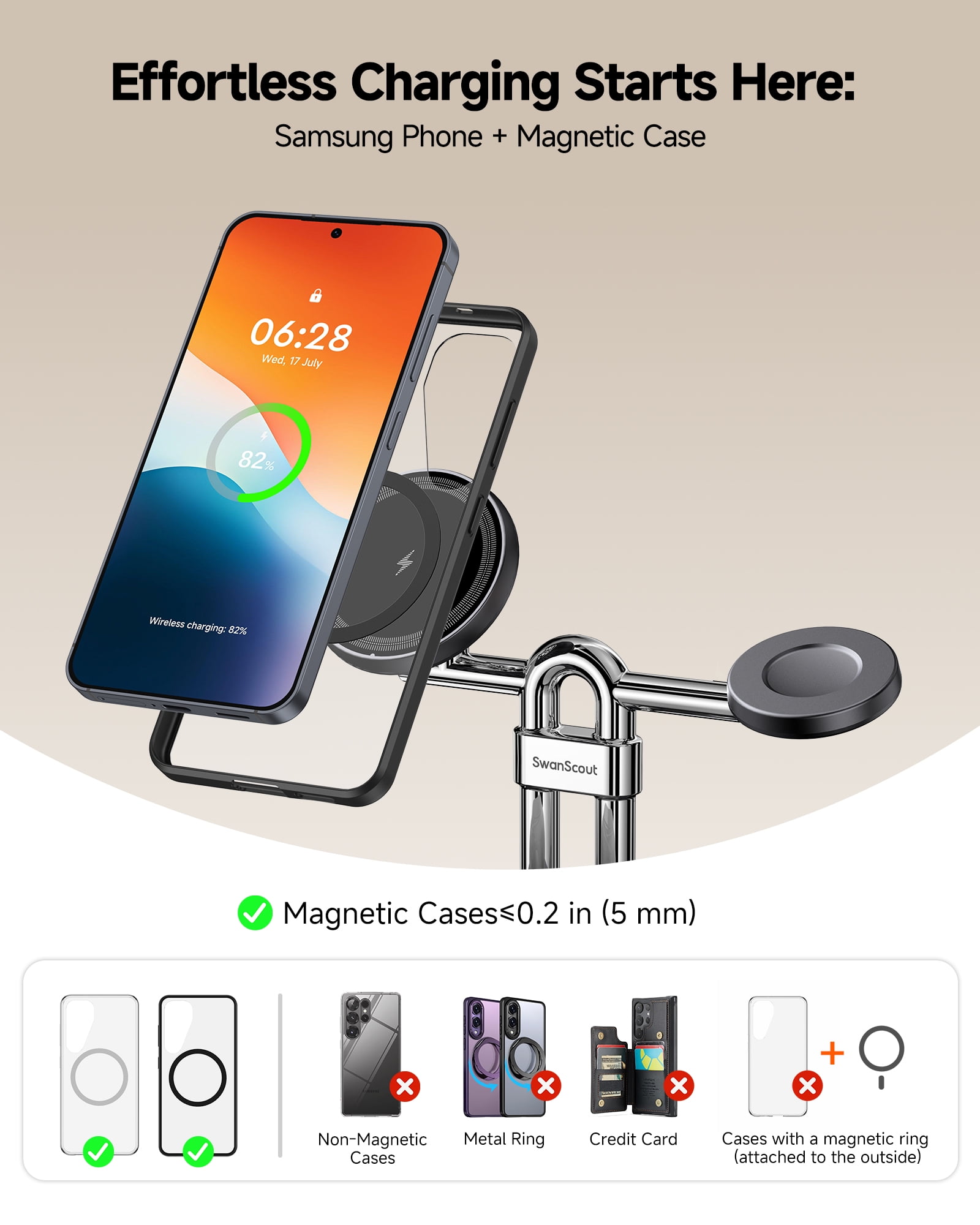 Magnetic Wireless Charger for Samsung Phones (Need A Magnetic Case), for Galaxy S26/S25/S24/S23/Z Fold7/Z Flip 7/S22, Galaxy Watch 8/8 Classic/Ultra/7/6/5/4/3, SwanScout 712SM (No Adapter)