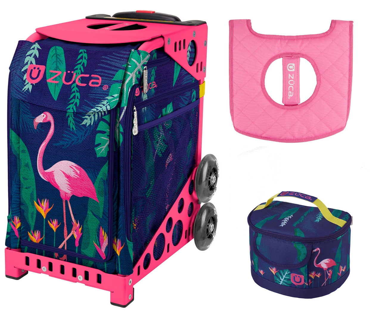 Zuca Flamingo Sport Insert Bag with Pink Frame Gift Lunchbox & Seat Cushion 