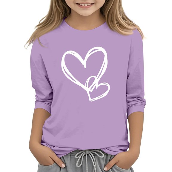 TIREOW Girls T Shirt Double Heart Print 3/4 Sleeve Crew Neck Tee Top Kids Cute Casual Versatile T Shirts