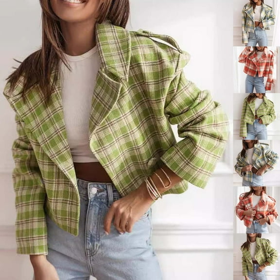 Brnmxoke Women's Casual Plaid Tweed Blazers Open Front Jackets Lapel Long Sleeve Work Business Cardigan Jackets Blazer Suit Coat