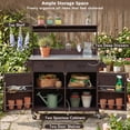 thumbnail image 5 of 54.1" Outdoor Kitchen Island with High Shelf, Large Outdoor Potting Bench Table with Stainless Steel Top and Storage Cabinet, Solid Wood Grill Cart With Lockable Wheels for BBQ, Garden, Brown, 5 of 23