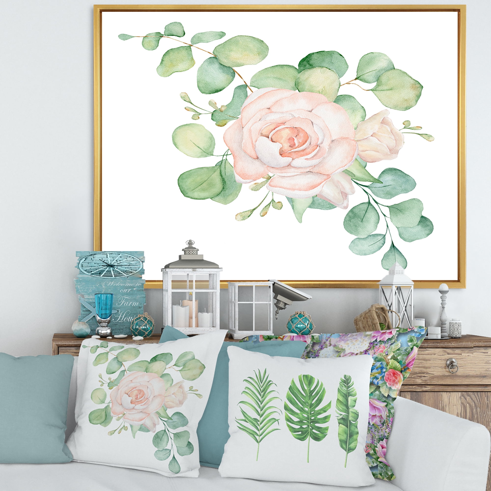 Designart 'Bouquet of Pink Roses Flowers and Eucalyptus Leaves' Traditional Framed Canvas Wall Art Print