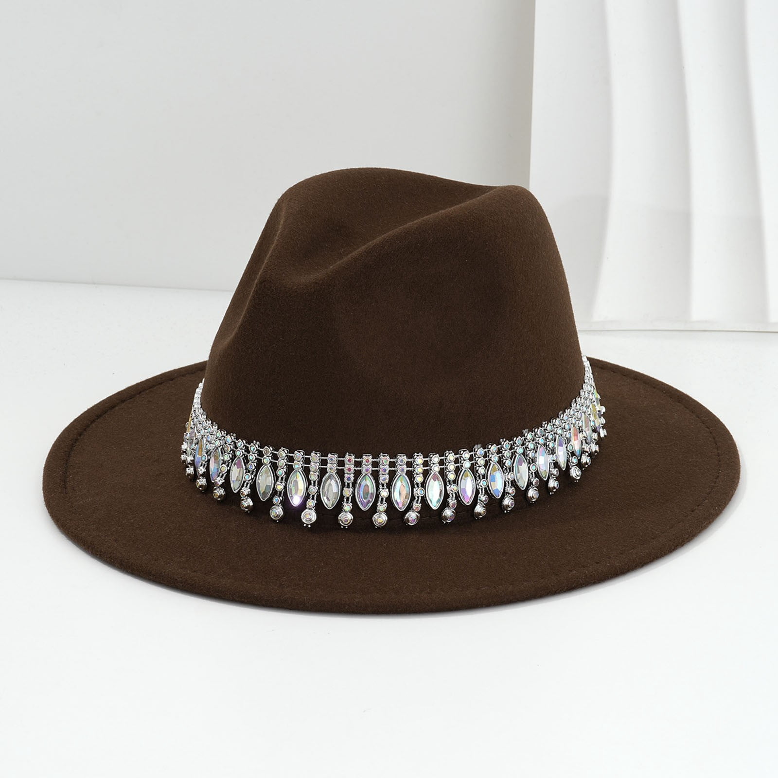 Western Cowboy Hat with Rhinestone Diamond Buckle Belt Fedora Unisex Western Adult Women Cowgirl Felt Wide Brim Hat with Rhinestone Fringe main image 3