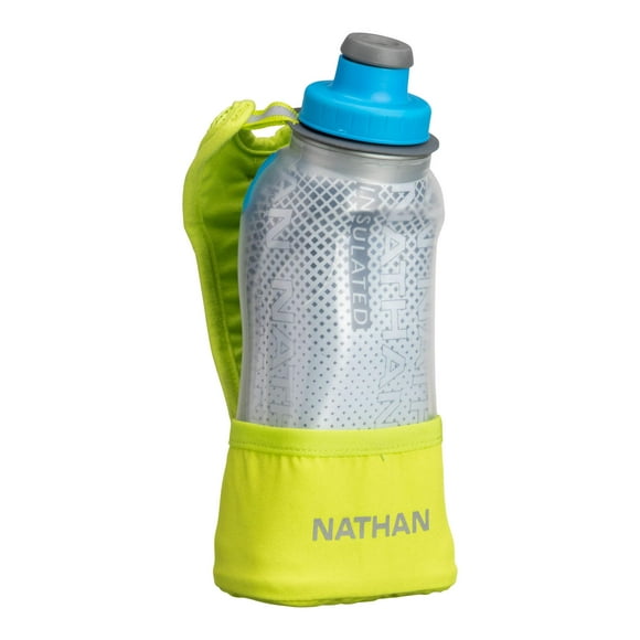 Nathan Running Handheld Quick Squeeze. No-Grip Adjustable Hand Strap. 12oz / 18oz / Insulated. Reflective Hydration Water Bottle. (12oz Insulated, Lime)