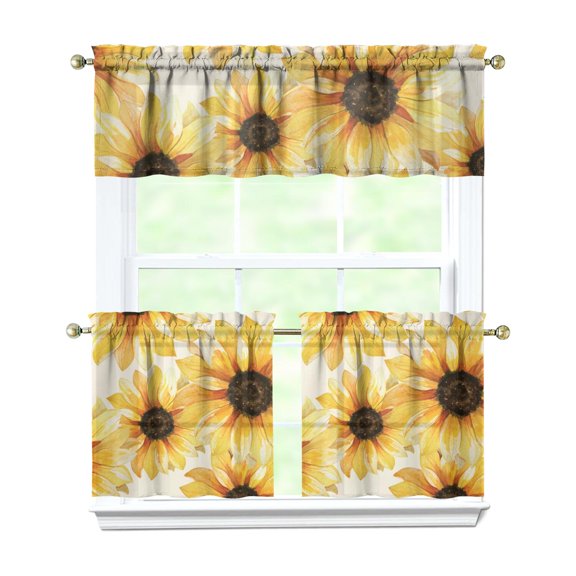 Kitchen Curtains 24 Inch Short - 3 Panel Set, Boho Sunflower Butterfly Floral Print, Rod Pocket Window Curtain for Rustic Farmhouse, Country Vintage Summer Decor, Easy Wash