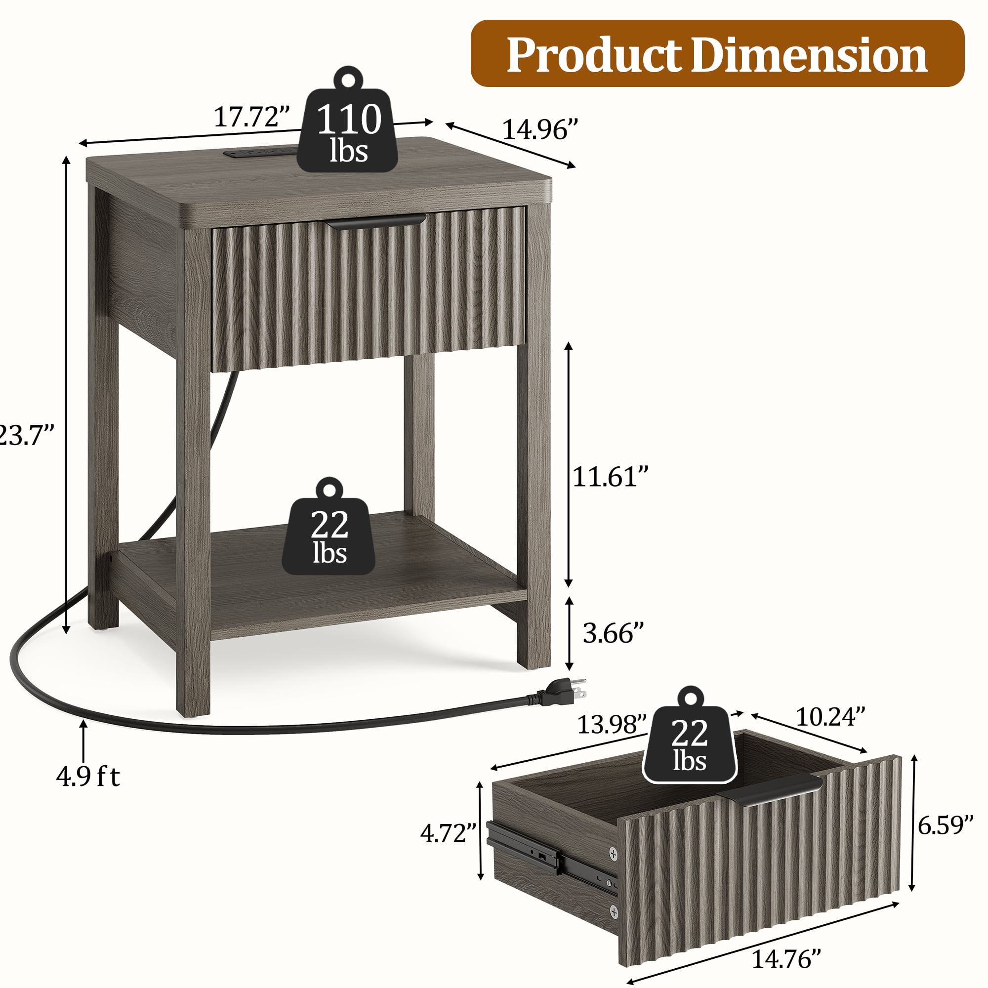 Aufeile Nightstand for Bedroom Set of 2 with Charging Station, Modern Side Table with Drawer & Open Shelf, Fluted End Table with 2 AC Outlets, USB & Type-C, Dark Gray