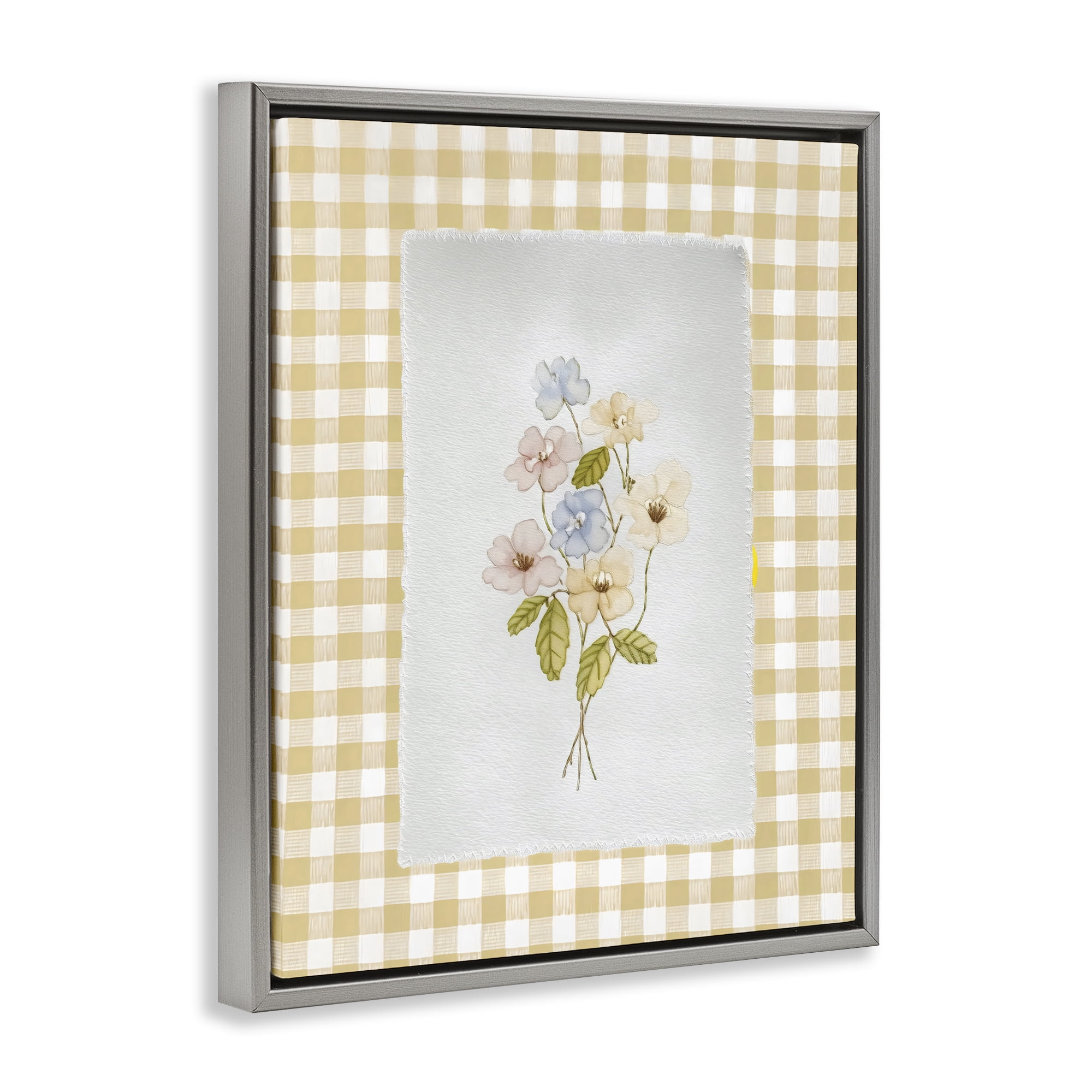 Stupell Industries Soft Gingham Flowers Gray Framed Floater Canvas Wall Art, design by Arlington Prints
