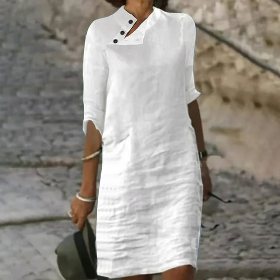 Homenesgenics Dresses for Women Womens Dresses Summer Women's Summer Fashion Casual Solid Color Mid-Sleeve Cotton Linen Long Button Dress White XL