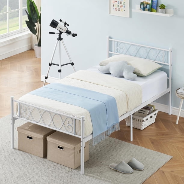 Tamaño individual size metal marco de cama con heart - shaped cabecero y footboard, 12.2in underbed almacenamiento in blanca