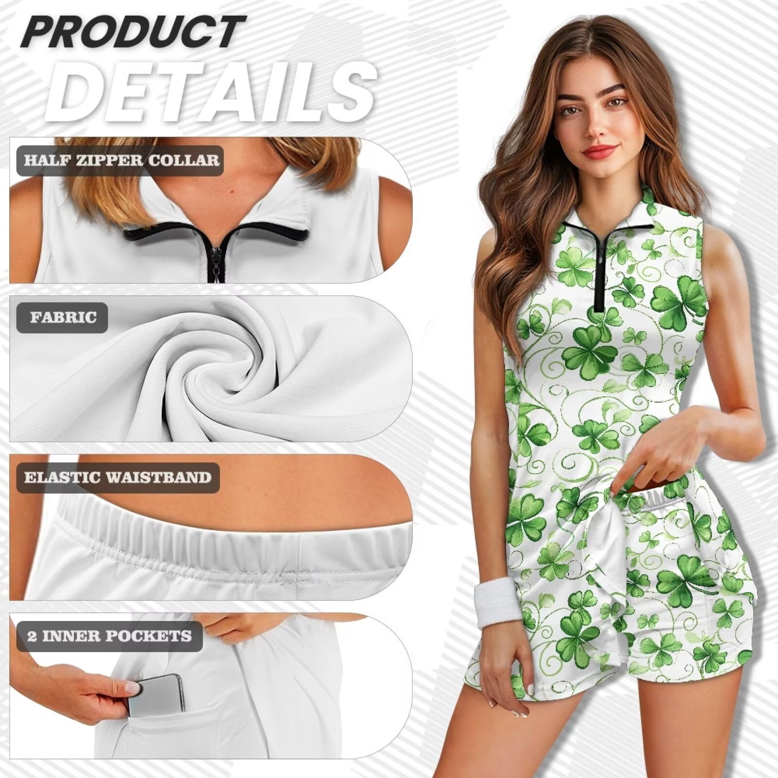 Uorisanigo Classic Four-Leaf Golf Clothing Set for Women 2 Piece Sets Soft Zipper Neck Womens Sleeveless Golf Tennis Dresses Fashion Relaxed Athletic Workout Dress