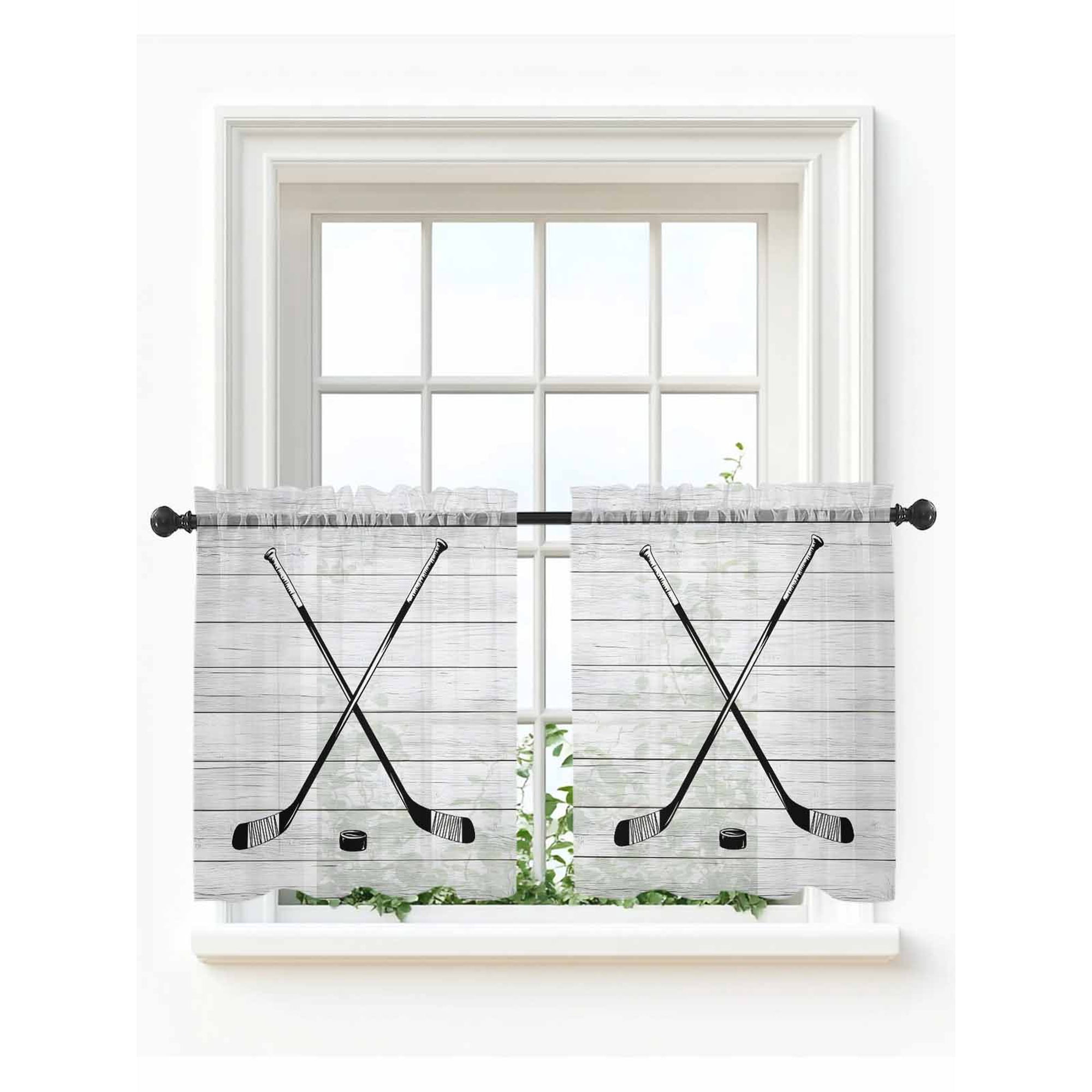 Ice Hockey Tier Curtains 24 Inch Length,Sheer Curtains for Bedroom Living Room Window Farmhouse Rustic Ball Sport Game Wooden Grain Small Half Window Kitchen Curtains & Drapes 27.5"x24" 2 Panels