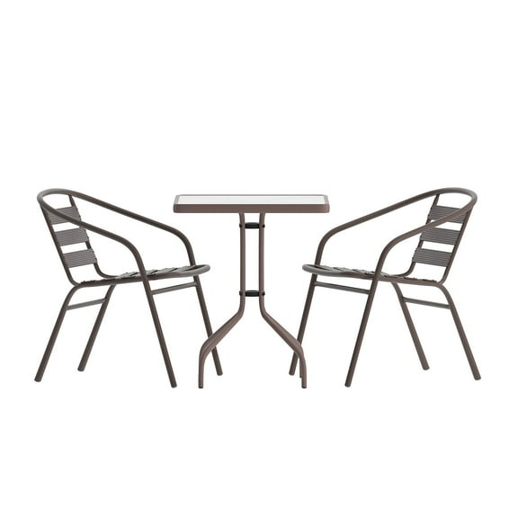 Flash Furniture Lila Glass Top Metal Outdoor Bistro Set with 2 Stack Chairs 23.75'' Square, Bronze
