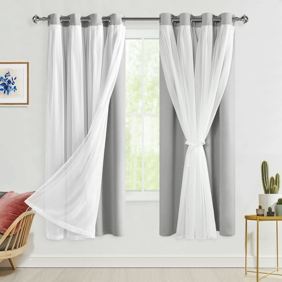 Hiasan Blackout Curtains with Sheer Overlay, Thermal Insulated Privacy Double Layer Mix & Match Window Curtains for Girls Bedroom, Living Room, 2 Drape Panels with Tiebacks, Silver Grey, 52W X 63L