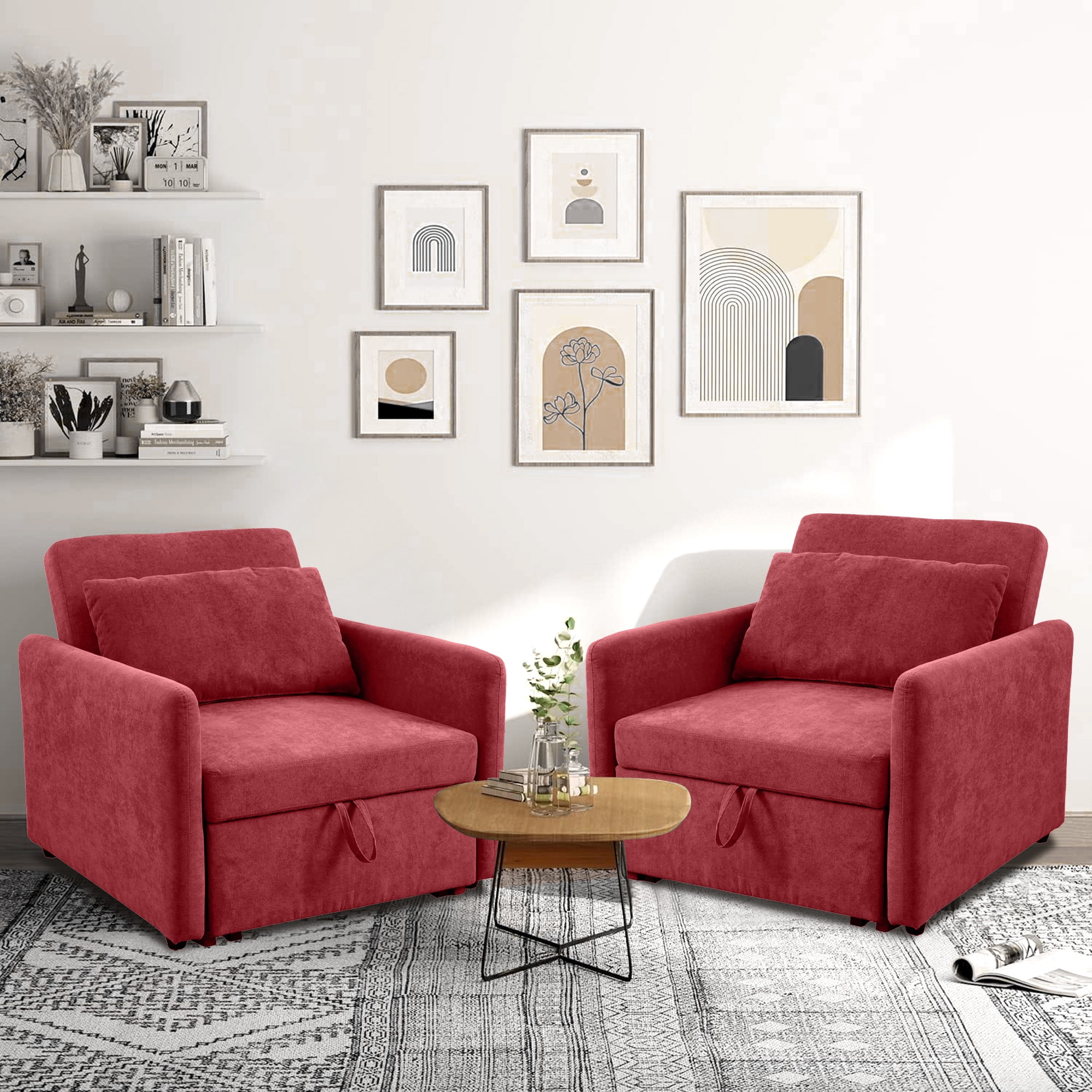 Aukfa 36" Chaise Futon Convertible Sofa Bed, Pull Out Sleeper Chair Bed for Home Office, Lint, Red