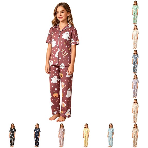 HAYIMI Kids Halloween Girls Spring Autumn Button Short Sleeve Lapel Blouse Tops Long Pants Pajama Set Casual Homewear, 10-11 Years