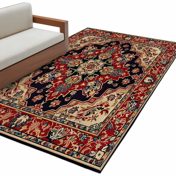 Red Boho Area Rug 3x5 FT, Non Slip Entryway Bedside Carpet, Contemporary Abstract Ethnic Retro Geometric Washable Soft Floor Carpet Indoor Mat Non-Shedding Throw Rug for Dorm Kitchen Home Office