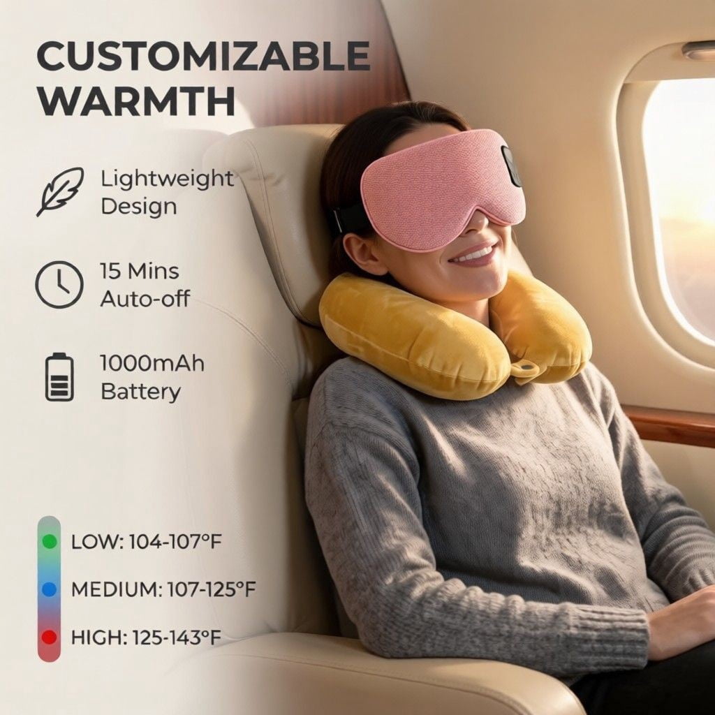 FACEMOON Cotton Linen Natural Flaxseed Heated Cordless Rechargeable Sleep Eye Mask for Tired Eyes with Storage Pouch, Pink