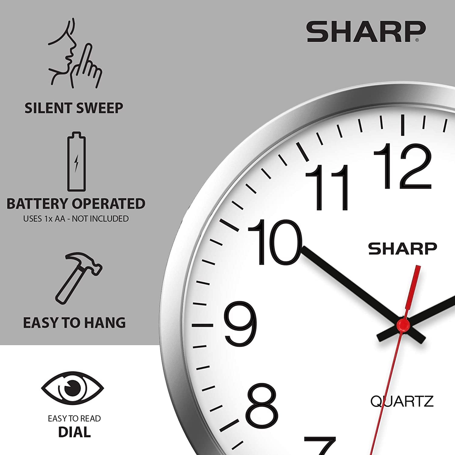 Sharp Modern 12" Quartz Round Wall Clock, Silent Non-Ticking, Silver/Chrome Frame for Home & Office