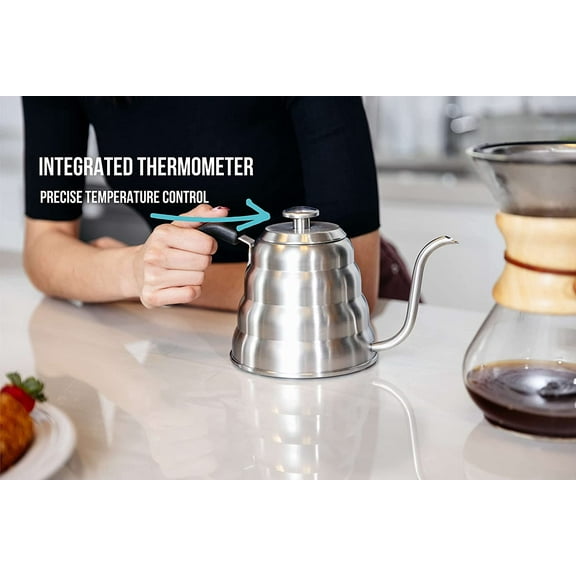 Gooseneck Kettle with Thermometer for Pour Over Coffee and Tea, Stainless Steel, 1.2L
