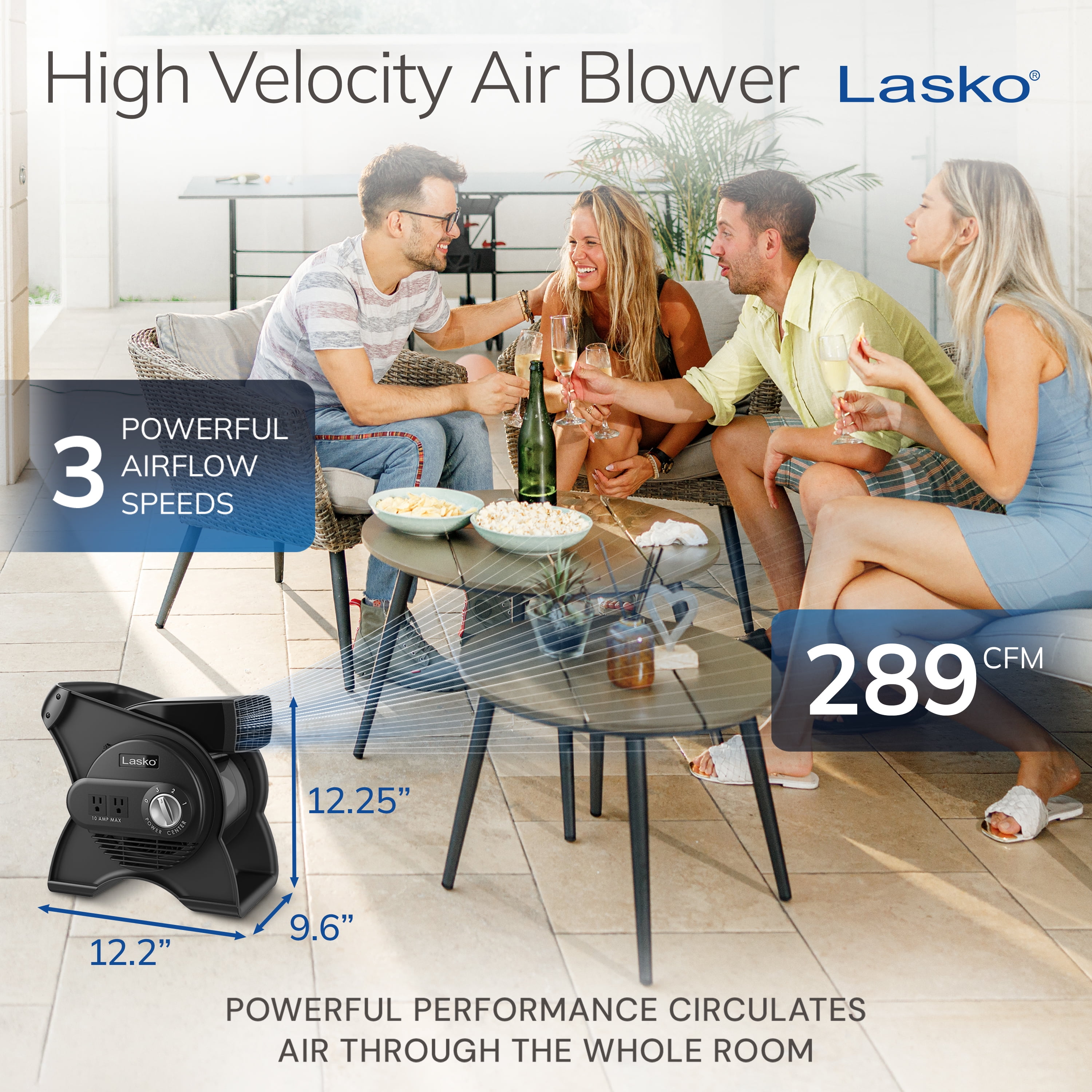 Lasko Pivoting Pro 12" 3-Speed Rotating Head Free Standing Blower Fan, 289 CFM, Black, U12104