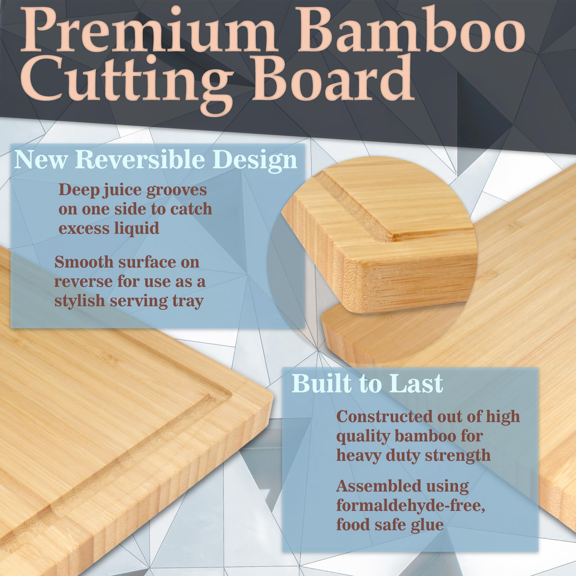 BambooMN Brown Large Natural Bamboo Cutting Board with Juice Groove For Home and Kitchen - 16.85" x 11.75" x 0.6" Vertical - 100 Piece