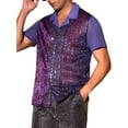 thumbnail image 4 of INSPIRE CHIC Men's Camp Collar Patchwork Short Sleeved Club Sequin Sheer Shirts XL Purple, 4 of 6