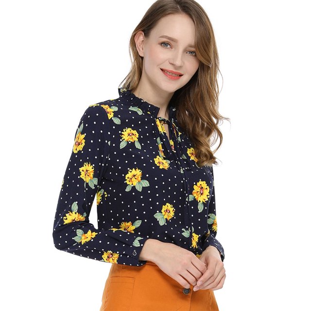 Allegra K Blusa Floral De Manga Larga Con Lunares Y Escote Con Volantes Para Mujer Azul amarillo M