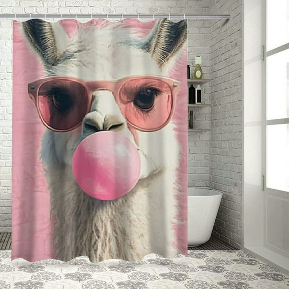 Patifu Llama Sunglasses Bubble Gum Bathroom Décor Set with Hooks 100% Polyester Shower Curtain for Home Decoration 36"x72