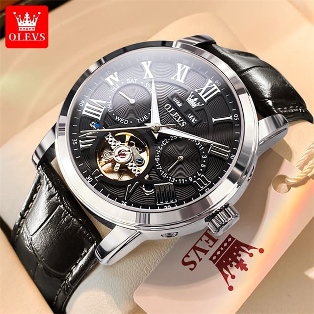 OLEVS Luxury Original Watch for Men Automatic Mechancial Wrist Watch Leather Strap Skeleton Waterproof Multifuncation Man Watch