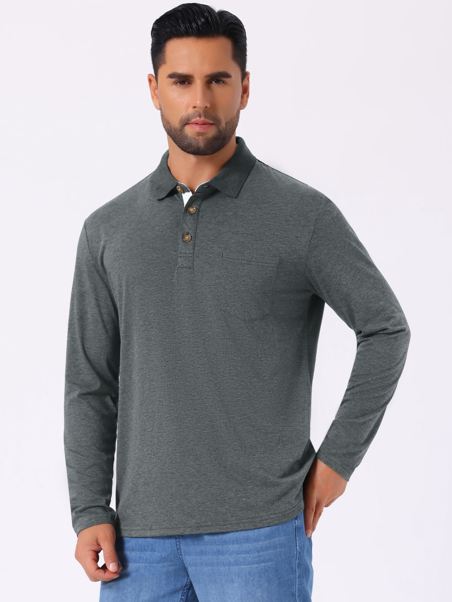 DARING DIVA Men's Contrast Button Collared Long Sleeves Golf Polo T-Shirts L Dark Gray