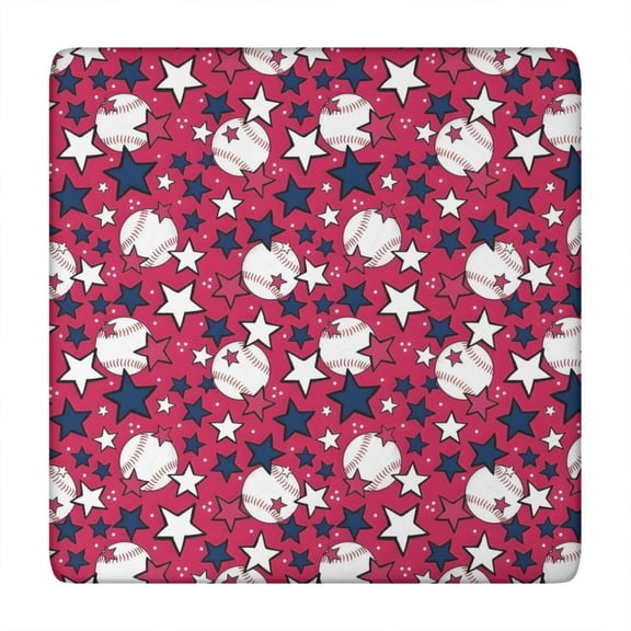 Red Baseballs and Stars Pattern Square Fitted Tablecloth with Elastic Edge,Square Table Cover,Washable Elastic Table Cover for Home Kitchen Party Decor 34"x34"