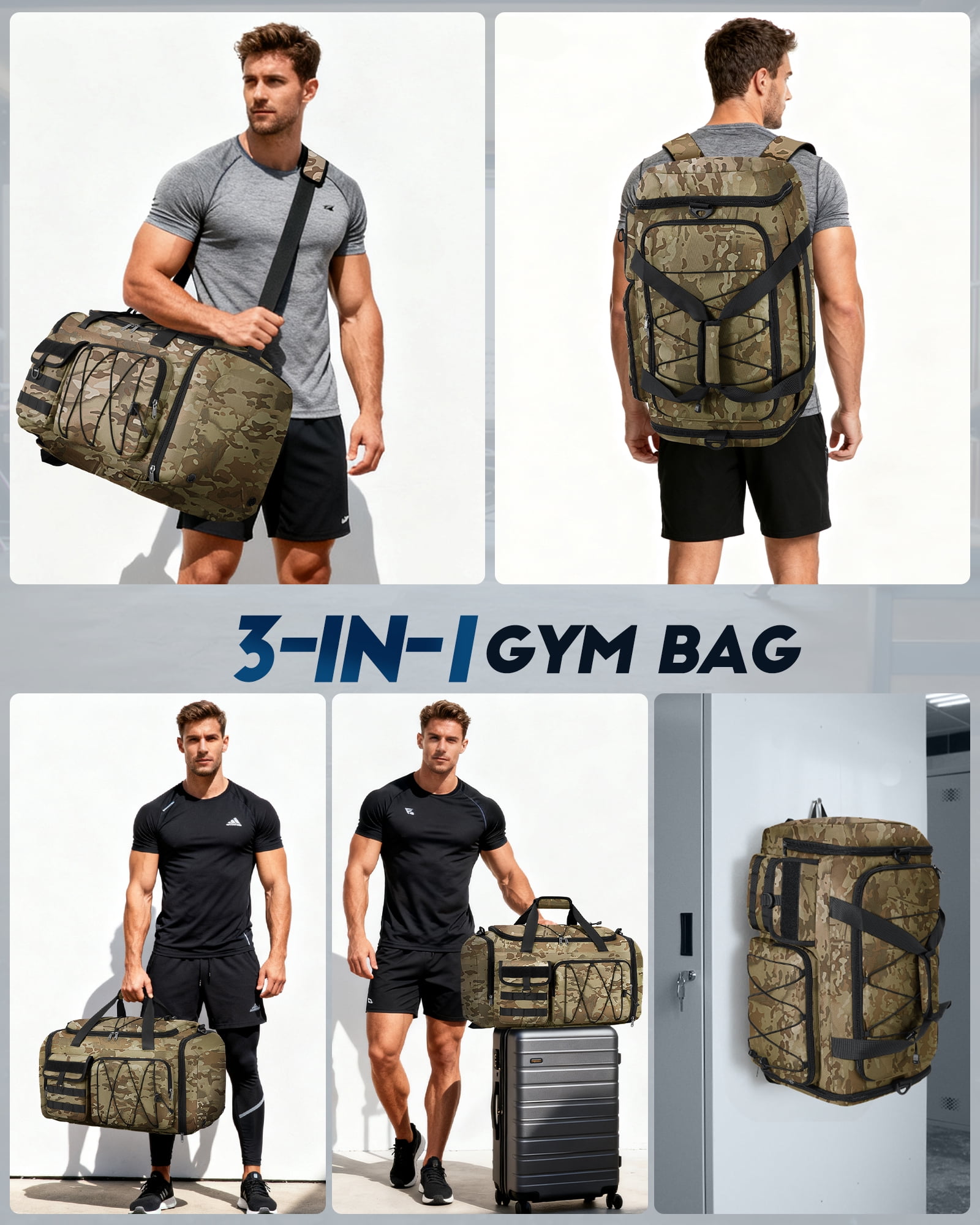 Gym Bag for Men 45L Sports Duffel Bags 3-in-1 Travel Duffel Bag with Shoe Compartment,Gym Workout Backpack Weekender Bag Overnight Bag for Travel, Khaki