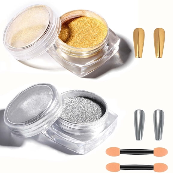 RAGUPEL 2Pcs Gold Silver Chrome Nail Powder,Holographic Highly Pigmented Chrome Powder,Metallic Glitter Nail Powder Magic Art Mirror Titanium Alloy Glitter Art Decoration Set