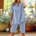 thumbnail image 2 of Yghzkop Women's Cotton Linen Set V-Neck Shirt & Shorts Outfit Summer Casual Button Tees Top Elastic Waist Beach Vacation Matching Set Lightweight Breathable Blouse Pants, 2 of 9