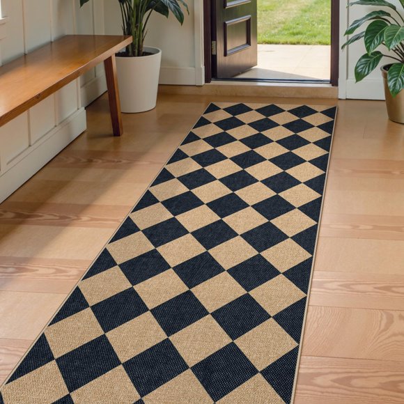 Lahome Checkered Easy Jute Runner Rug, 2x8 Hallway Kitchen Runner Rug Non Slip Washable Outdoor Carpet for Entryway Indoor, Checkerboard Black Indoor