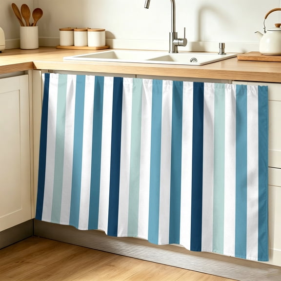 Teal Blue Stripe Cabinet Curtain 32"Wx55"L,Dustproof Pantry Door Curtain W/ Self Adhesive Tape,Ombre Geometric Aqua Vertical Striped Tall Storage Cover Privacy Drape for Bathroom Kitchen Laundry Room