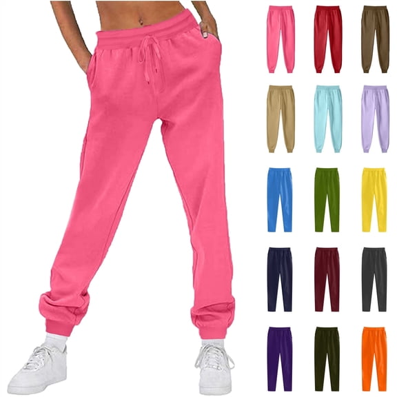 BiZtdJrK Women's Winter Fleece Sweatpants Casual Comfy High Waisted Workout Pants Solid Trousers Drawstring Cinch Bottom Joggers Pants with Pocket Hot Pink M