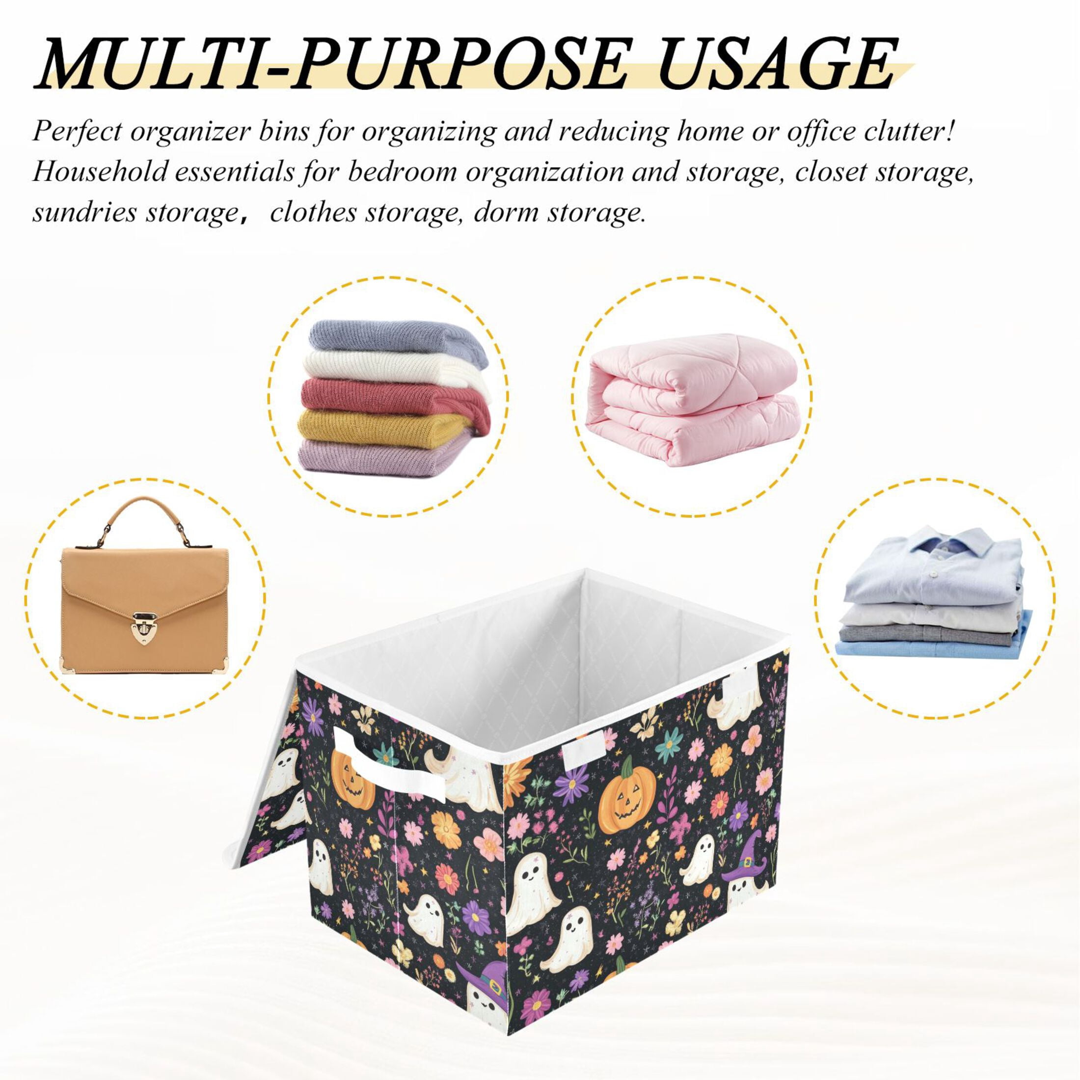 Halloween Specters Pumpkins Flowers Crayon Painting Foldable Storage Bin with Lid and Handle Collapsible Storage Box 16.5 x 12.6 x 11.8 inches