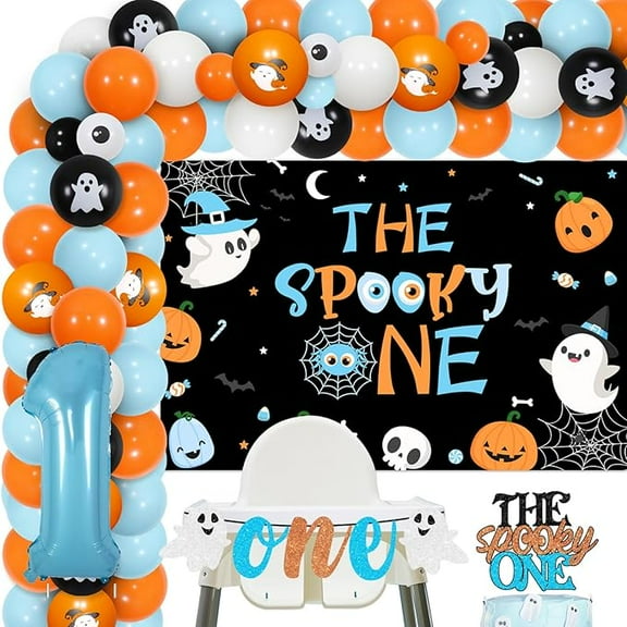 Halloween 1st Birthday Decorations - The Spooky One Pumpkin Ghost Backdrop Highchair Banner Cake Topper Blue Orange Balloons Garland Arch Kit, Halloween 1st Boo Day Party Supplies