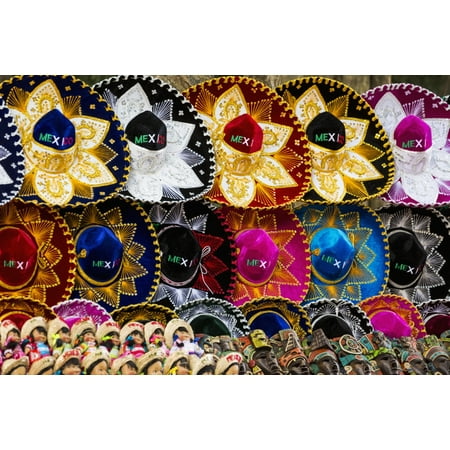 Mask Display Stand Colourful Mexican sombreros Mayan masks and Mexican dolls on display Chichen Itza Yucatan Mexico Stretched Canvas - Michael Interisano Design Pics (19 x 12) ()
